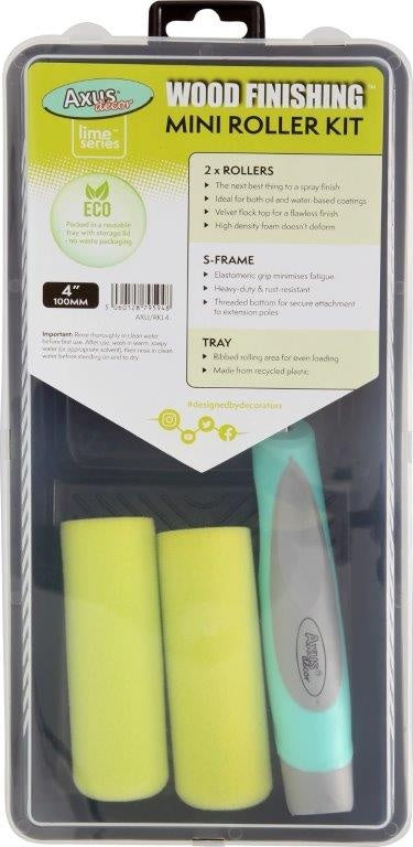 Wood finishing mini roller kit with rollers and a frame in packaging