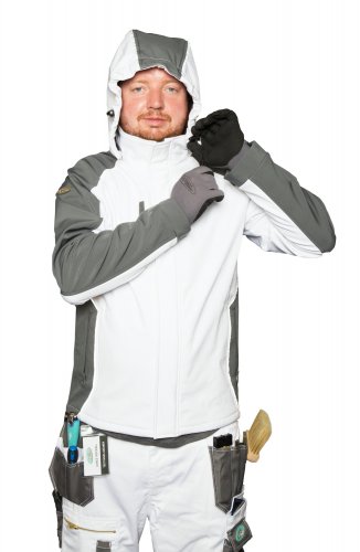 Person wearing a gray and white jacket with a hood, standing against a white background