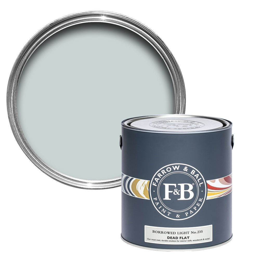 Farrow & Ball Borrowed Light 235 paint tin and colour swatch