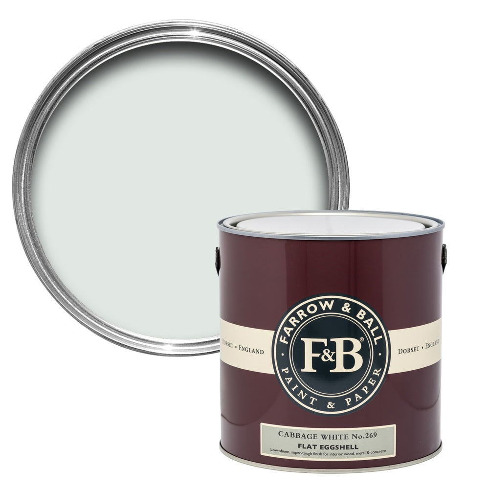 Farrow & Ball Cabbage White 269 paint tin and colour swatch