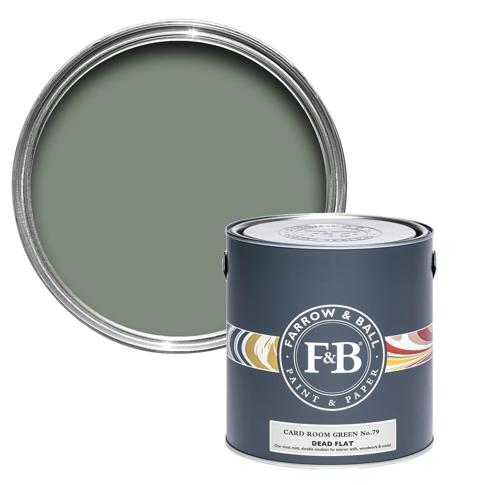 Farrow & Ball Card Room Green 79 paint tin and colour swatch