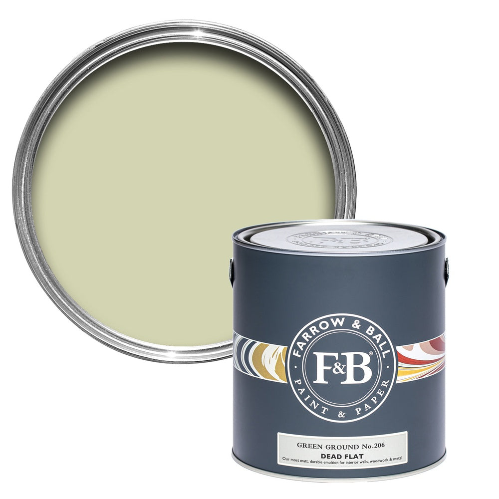 Farrow & Ball Green Ground 206 paint tin and colour swatch
