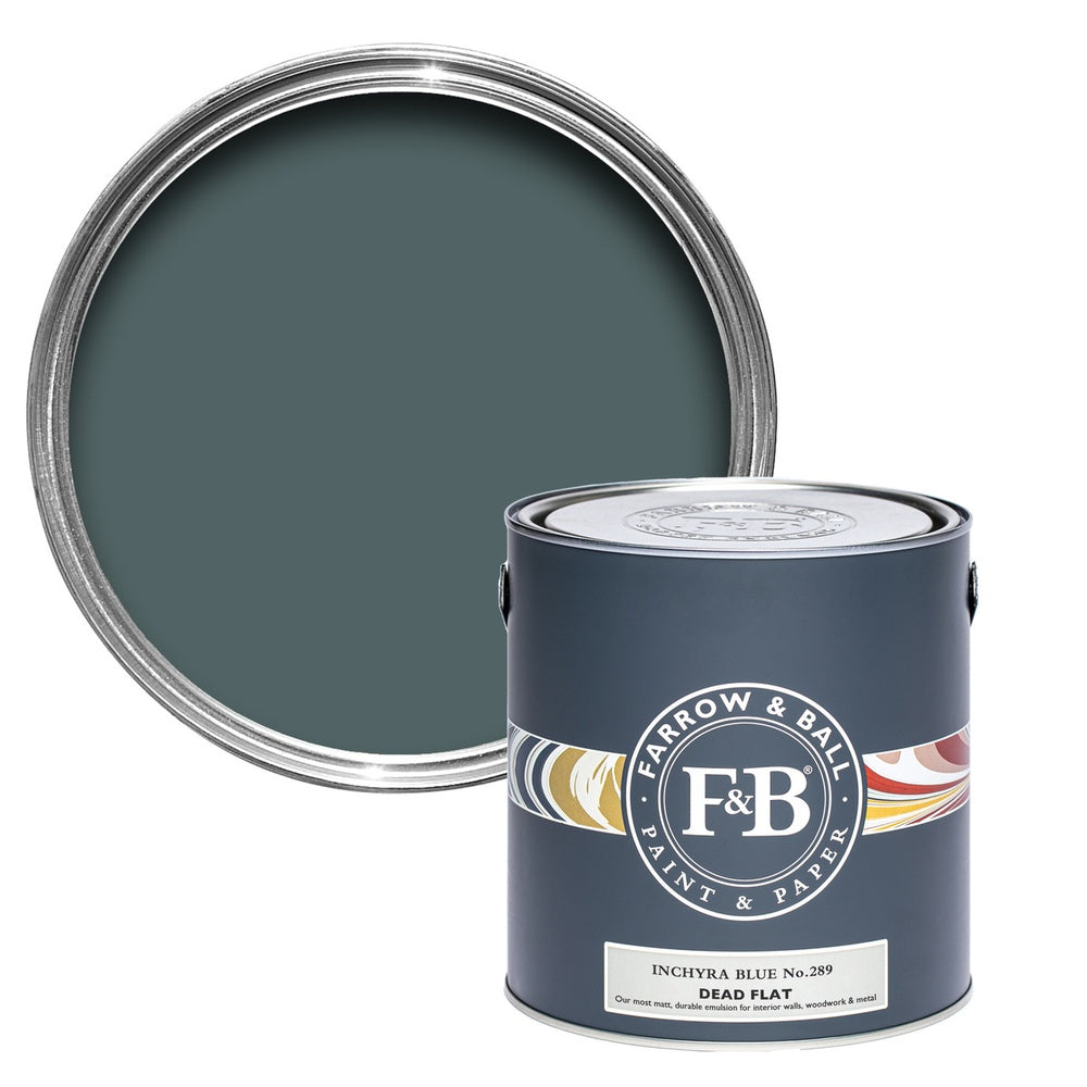 Farrow & Ball Inchyra Blue 289 paint tin and colour swatch