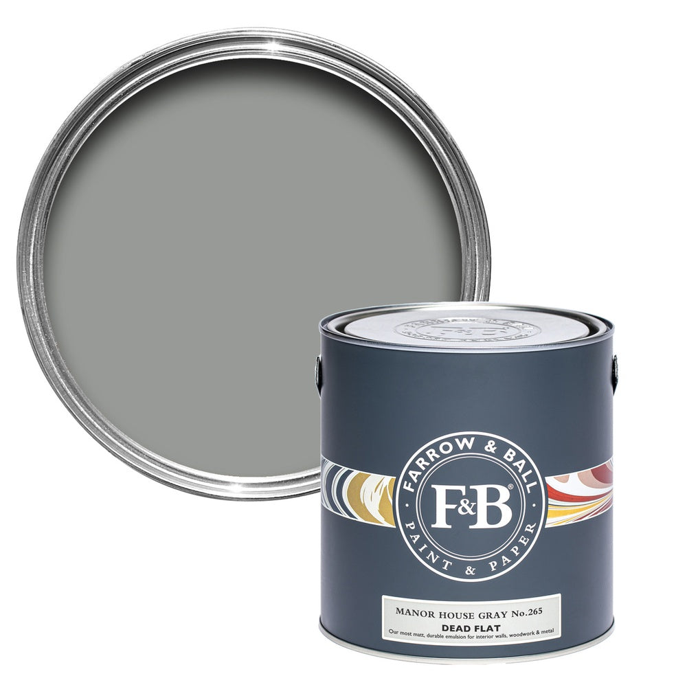 Farrow & Ball Manor House Gray 265 paint tin and colour swatch