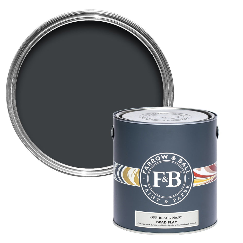 Farrow & Ball Off Black 57 paint tin and colour swatch