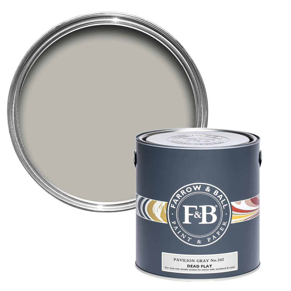 Farrow & Ball Pavilion Gray 242 paint tin and colour swatch