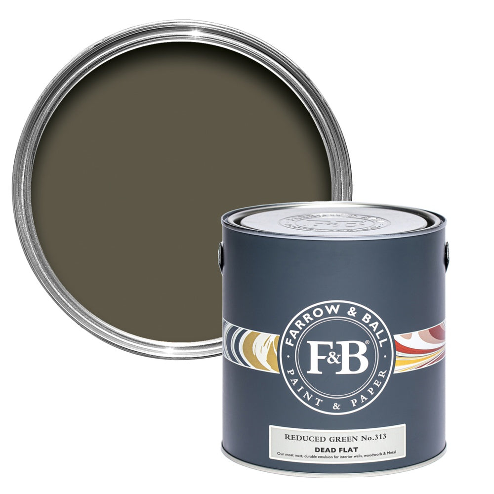 Farrow & Ball Reduced Green 313 paint tin and colour swatch