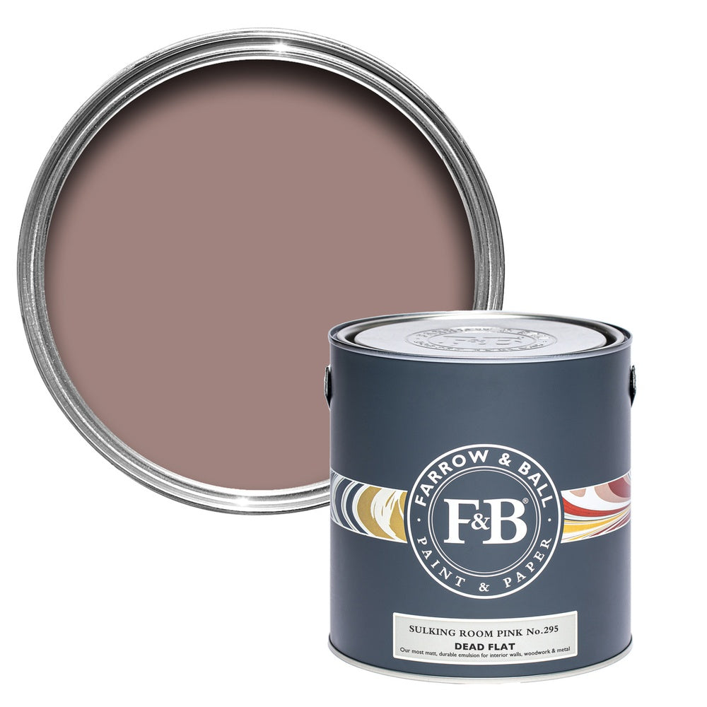 Farrow & Ball Sulking Room Pink 295 paint tin and colour swatch