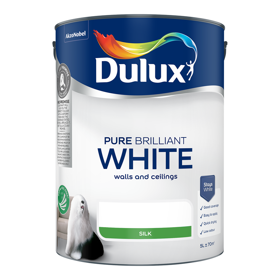 Dulux Walls & Ceilings Silk Emulsion Paint Pure Brilliant White 5L – Product Image | Decor Express, Clapham & Richmond, London