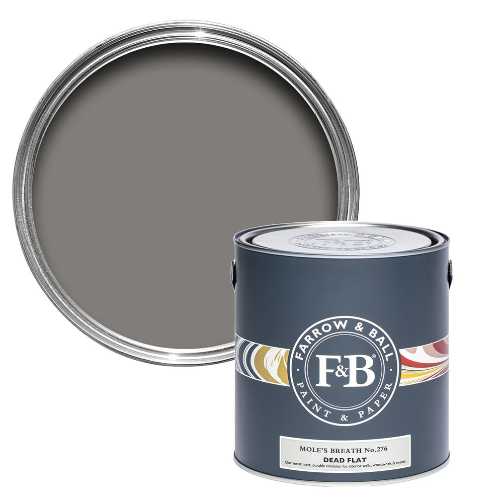 Farrow & Ball Estate Eggshell Mole's Breath 276 2.5L | OUTLET paint tin and colour swatch