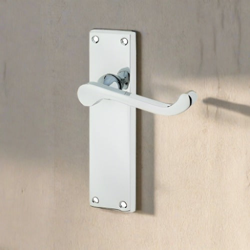 Victorian Scroll Door Handle on Long Latchset Plate Polished Chrome 150mm JV11LPC