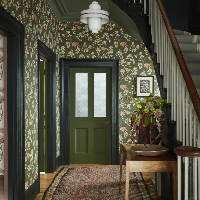 Little Greene Aderyn wallpaper in Olive Colour — room view