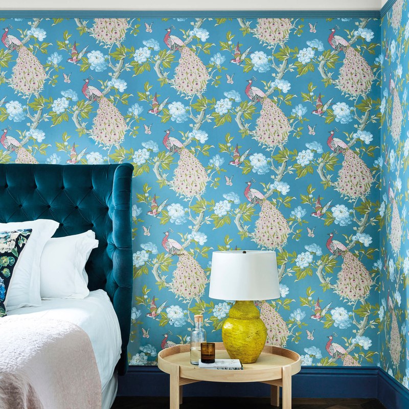 Little Greene Pavona wallpaper in Sylvie — room view