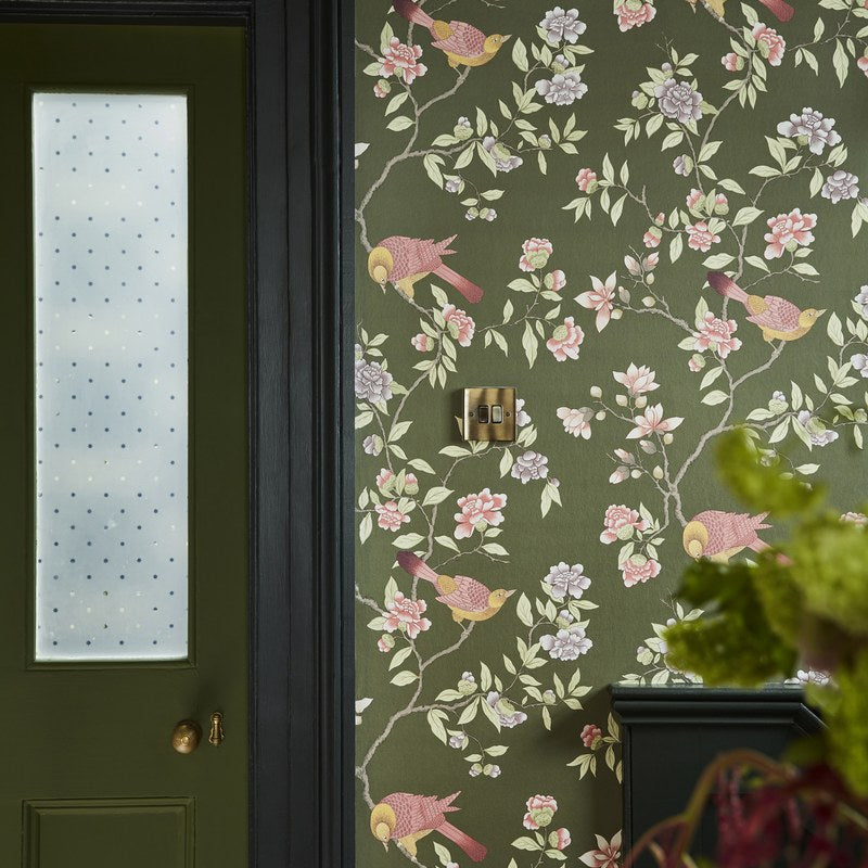 Little Greene Aderyn wallpaper in Olive Colour — detail