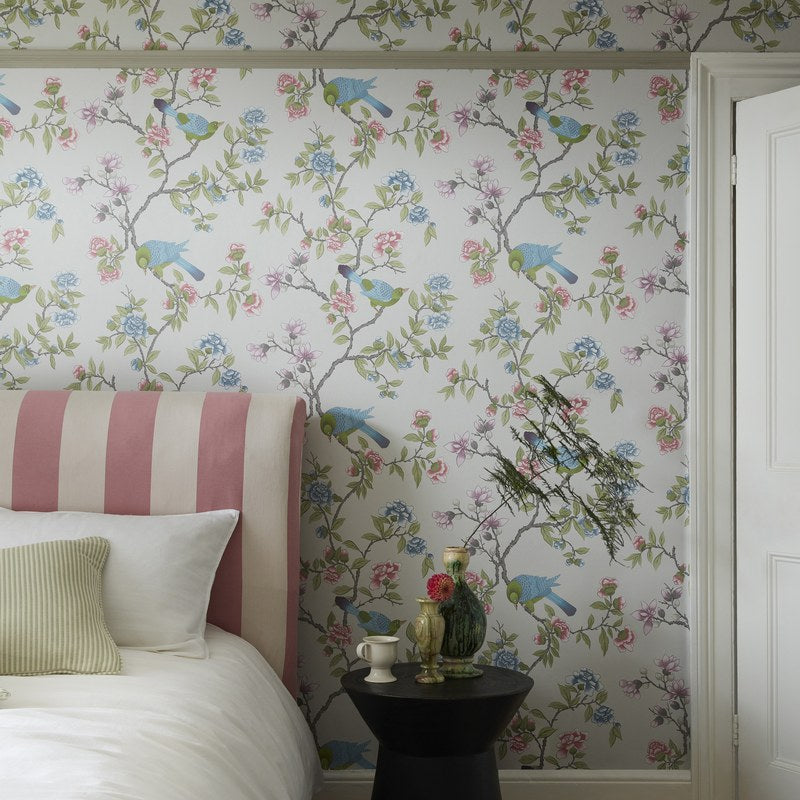 Little Greene Aderyn wallpaper in French Grey — room view