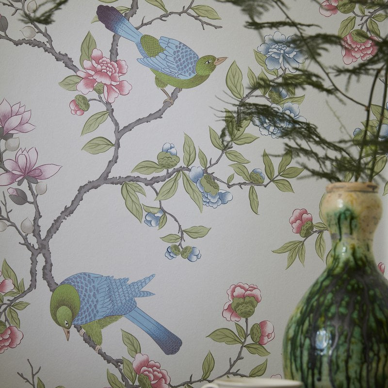 Little Greene Aderyn wallpaper in French Grey — detail