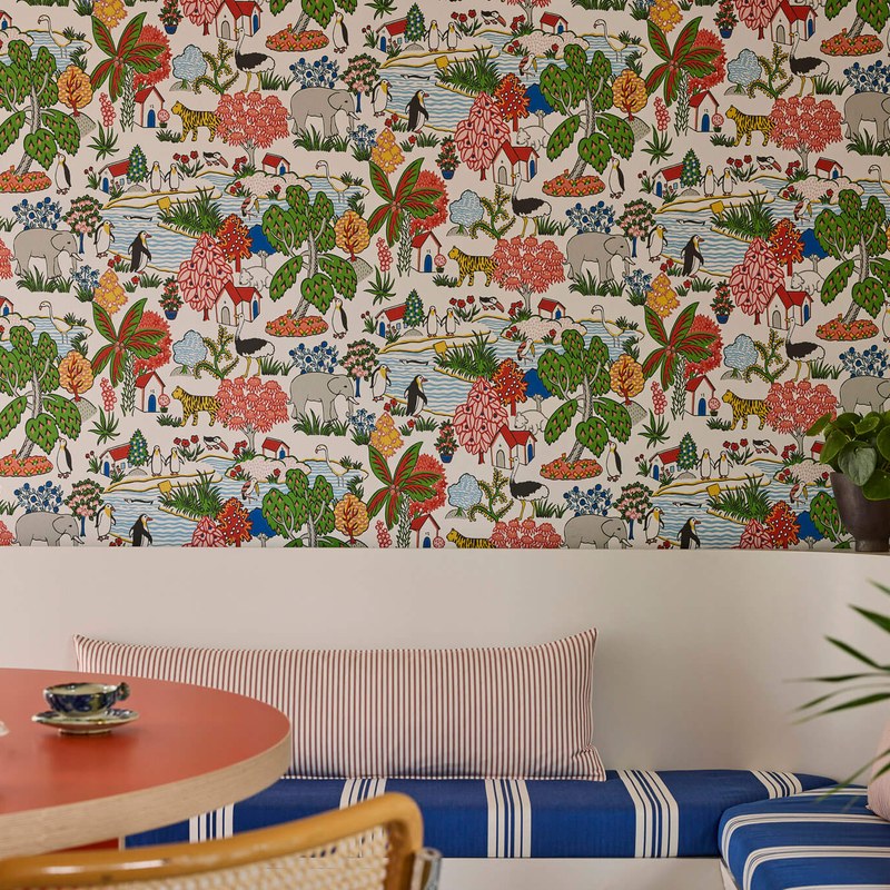 Little Greene Animal Kingdom wallpaper in Atomic — landscape room view
