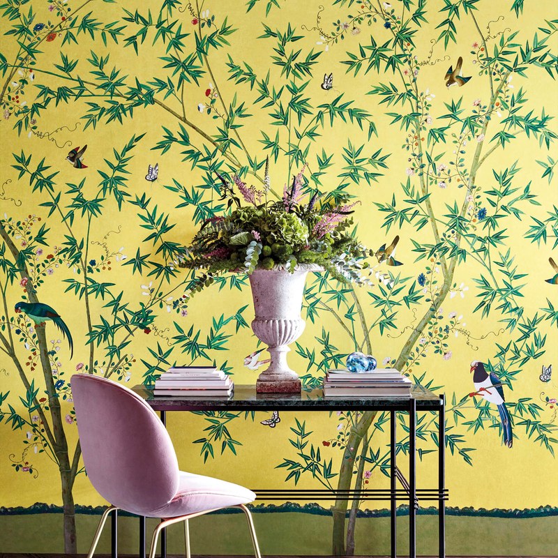 Little Greene Belton Scenic wallpaper in Sunbeam — room view