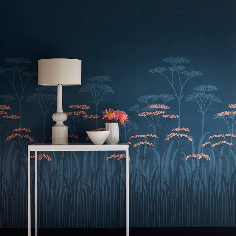 Little Greene Achillea wallpaper in Nighttide — room view