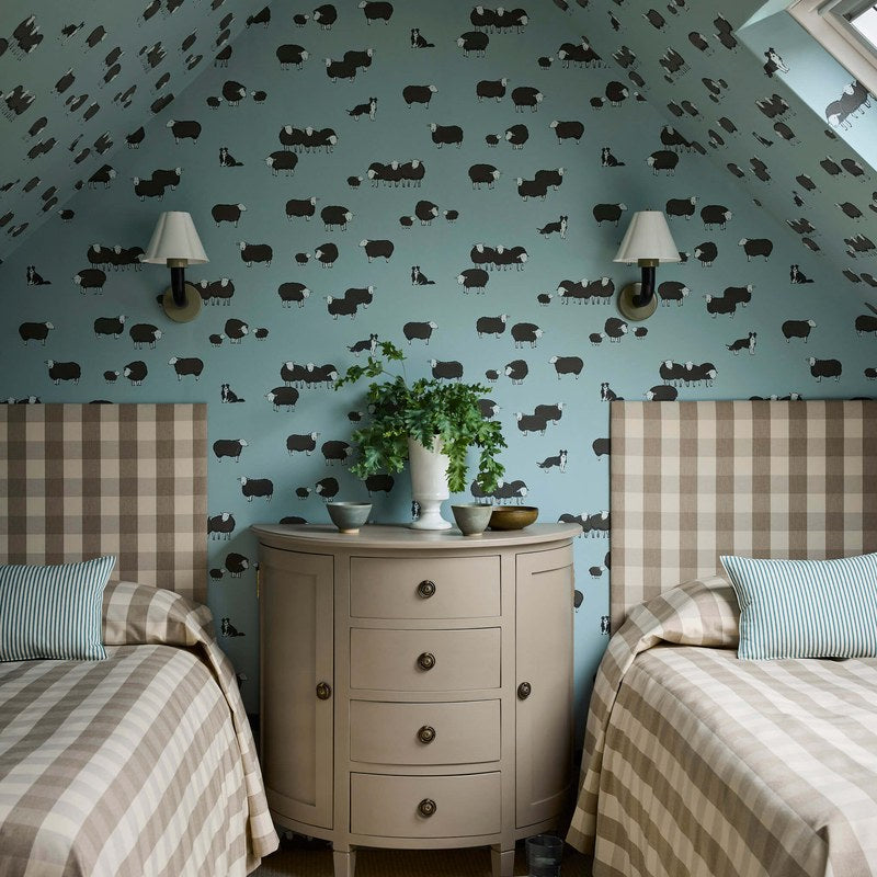 Little Greene Nip & Lassie wallpaper in Celestial Blue — room view