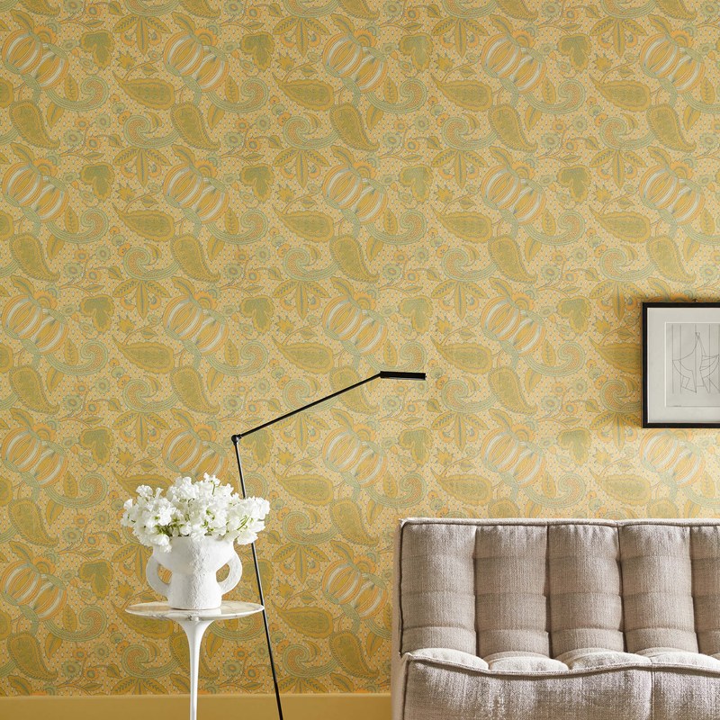 Little Greene Pomegranate wallpaper in Citron — room view