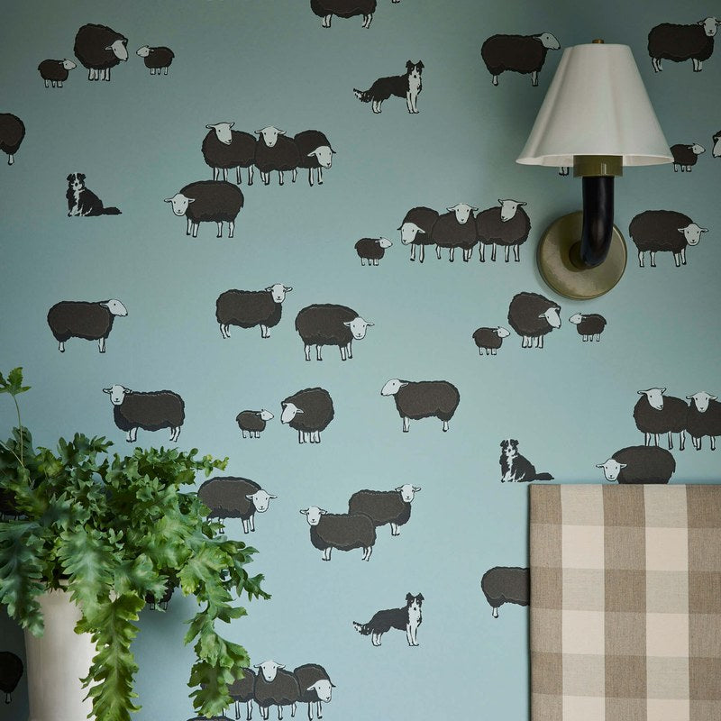 Little Greene Nip & Lassie wallpaper in Celestial Blue — detail