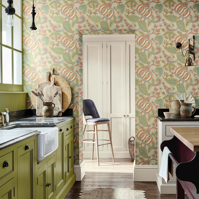 Little Greene Pomegranate wallpaper in Bazaar — room view