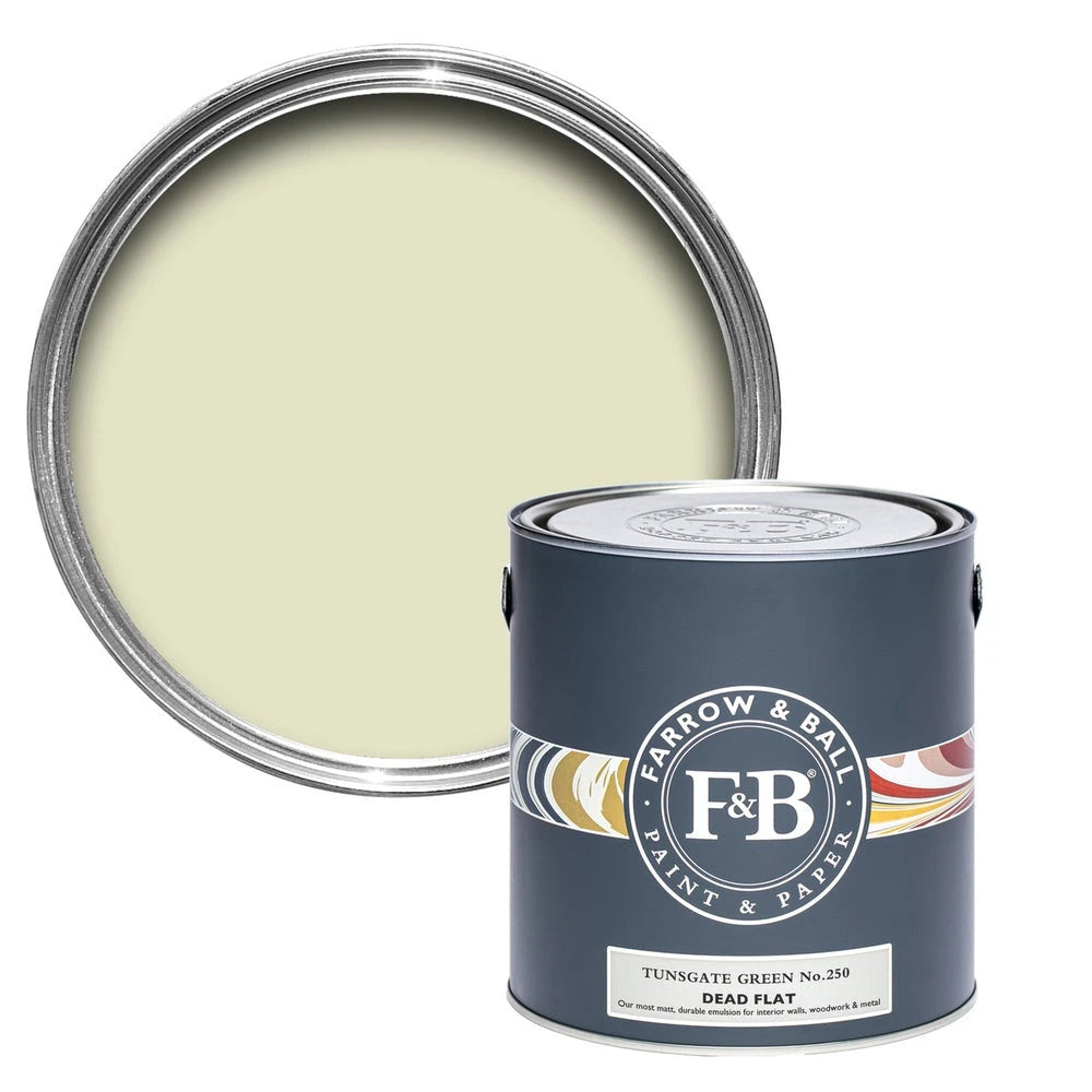 Farrow & Ball Tunsgate Green 250 paint tin and colour swatch