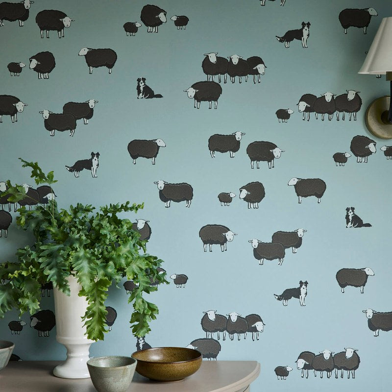 Little Greene Nip & Lassie wallpaper in Celestial Blue — landscape room view