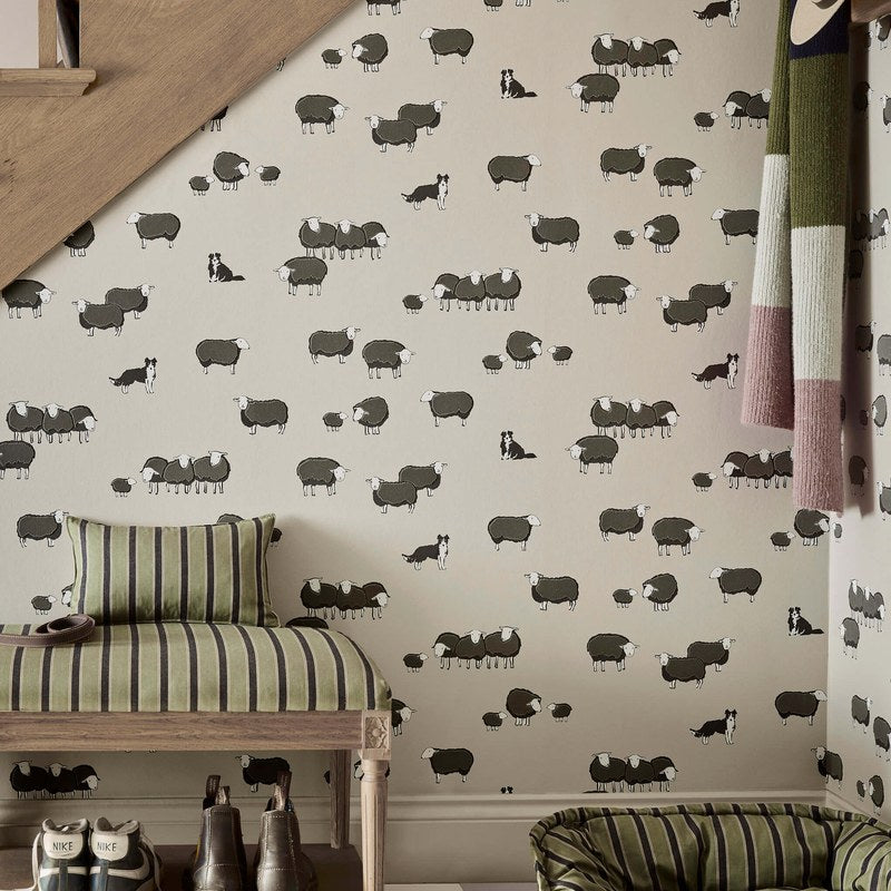 Little Greene Nip & Lassie wallpaper in Slaked Lime Dark — room view