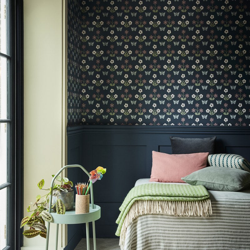 Little Greene Burges Butterfly wallpaper in Hicks' Blue — room view