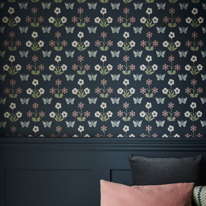Little Greene Burges Butterfly wallpaper in Hicks' Blue — detail