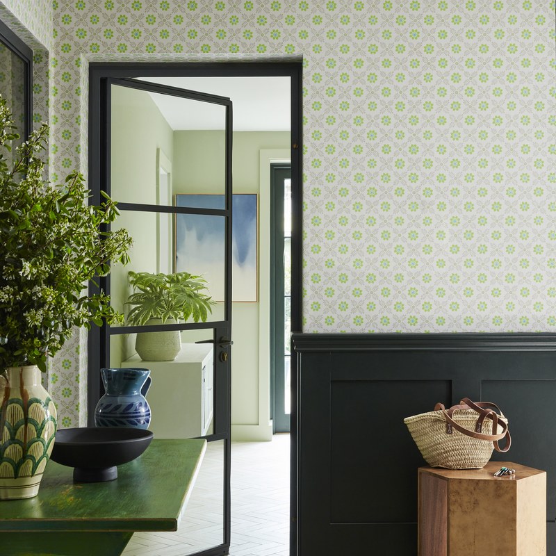 Little Greene Ditsy Block wallpaper in Phthalo — room view