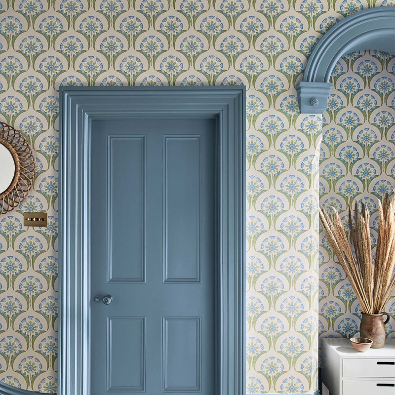 Little Greene Hencroft wallpaper in Blue Primula — room view