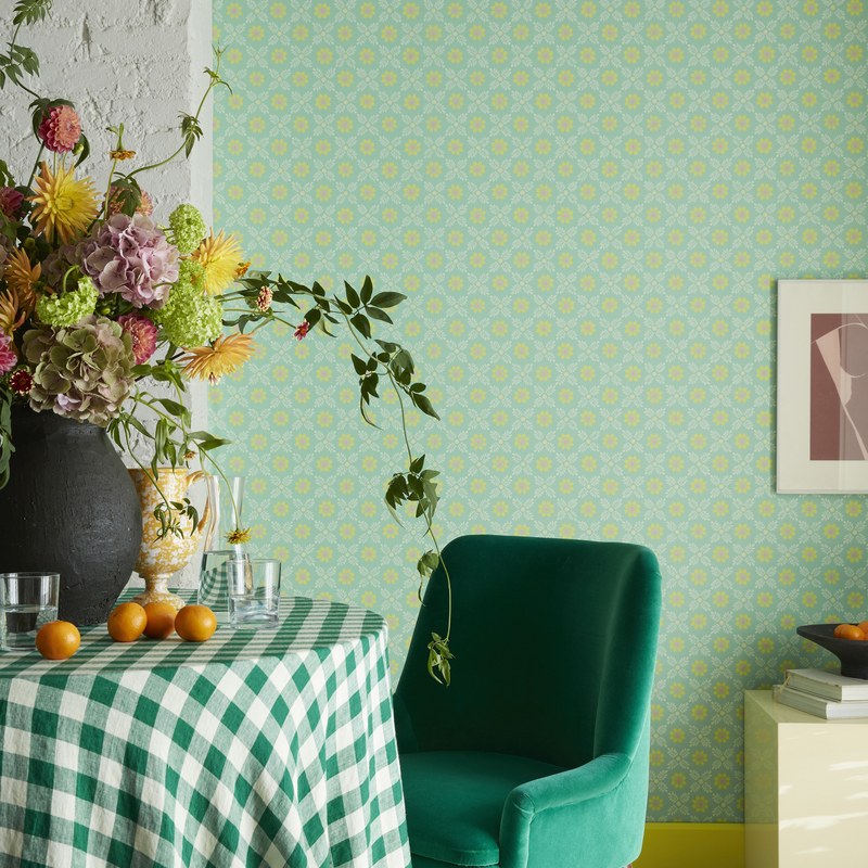 Little Greene Ditsy Block wallpaper in Green Verditer — room view