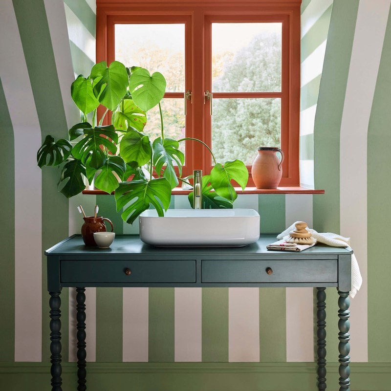 Little Greene Broad Stripe wallpaper in Pea Green — room view