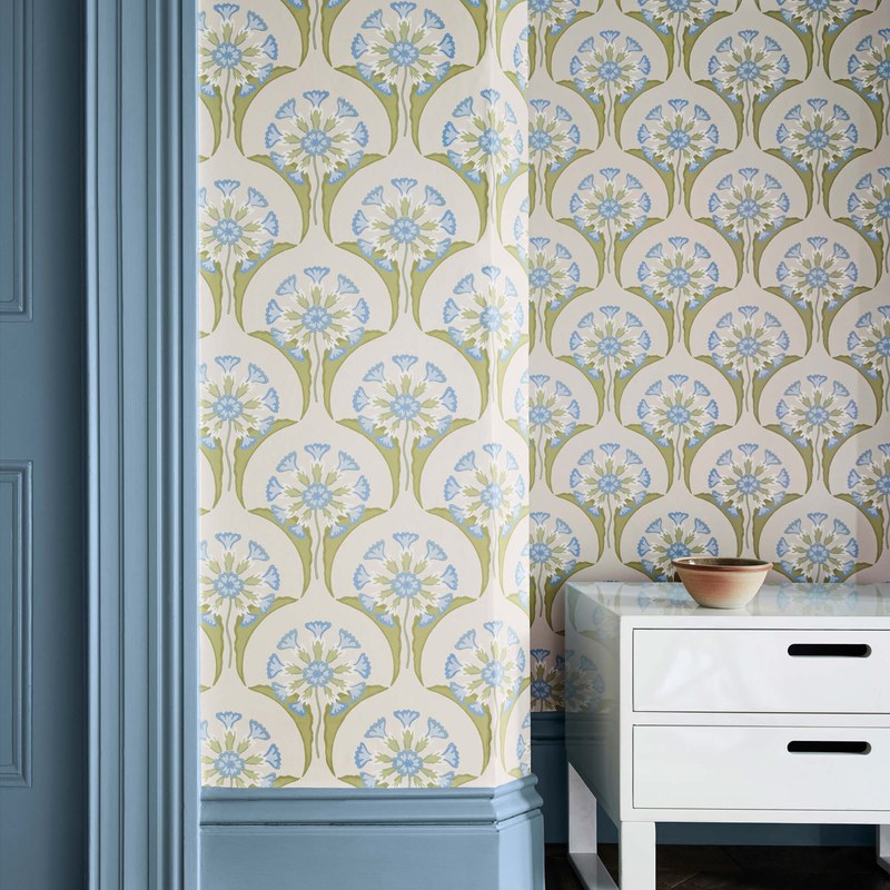 Little Greene Hencroft wallpaper in Blue Primula — detail