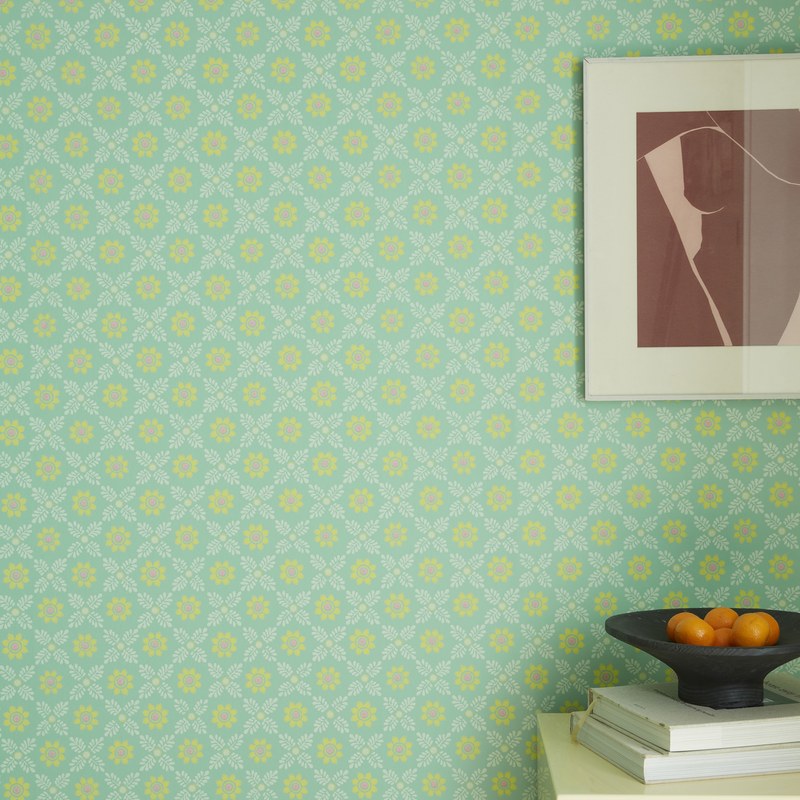 Little Greene Ditsy Block wallpaper in Green Verditer — detail