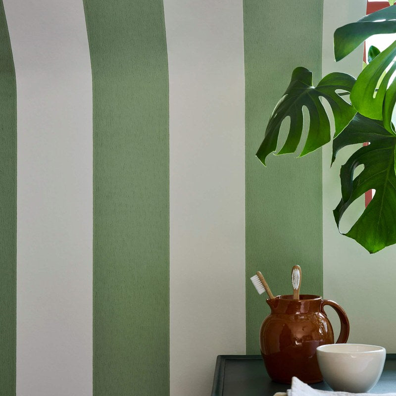 Little Greene Broad Stripe wallpaper in Pea Green — detail