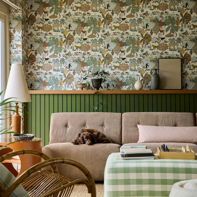 Little Greene Animal Kingdom wallpaper in Pea — room view