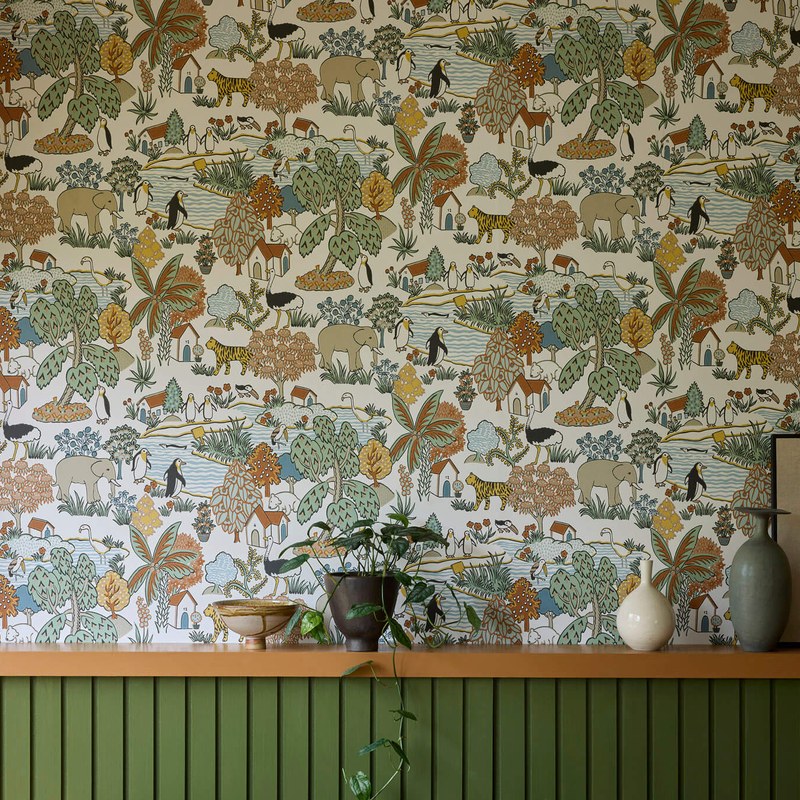Little Greene Animal Kingdom wallpaper in Pea — landscape room view