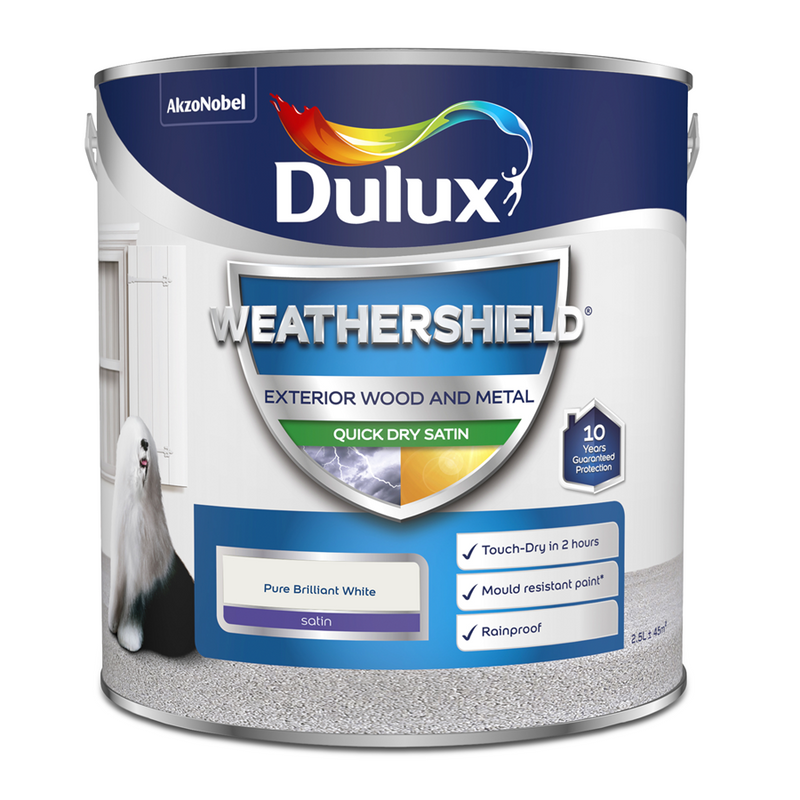 Dulux Weathershield Quick Dry Satin Paint Pure Brilliant White 2.5L – Product Image | Decor Express, Clapham & Richmond, London