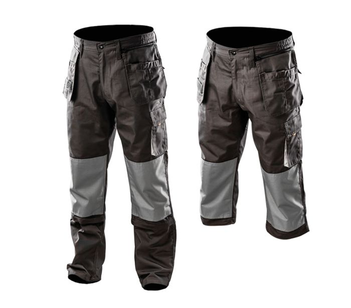 Working trousers with detachable pockets and legs