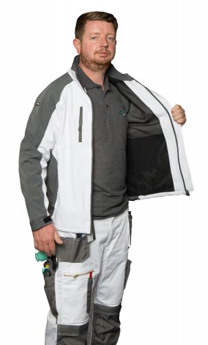 Man wearing a gray and white jacket with a visible brand logo on a white background