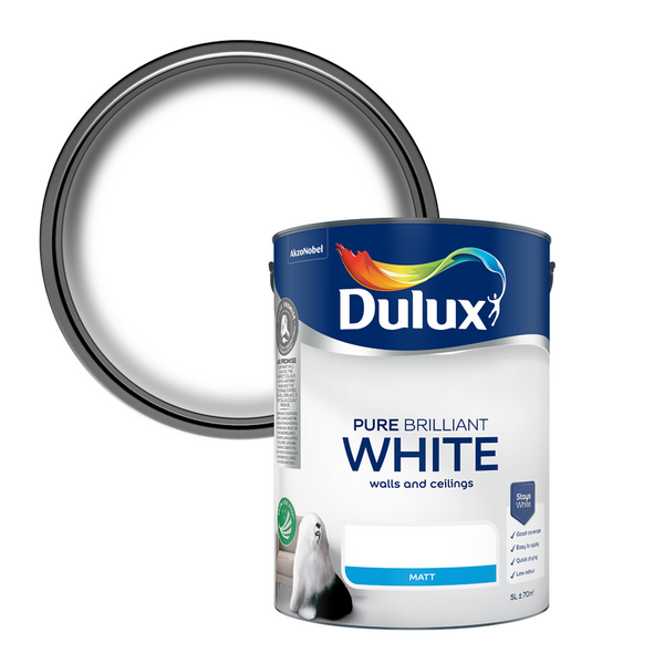 Dulux Walls & Ceilings Matt Emulsion Paint Pure Brilliant White 5L – Product Image | Decor Express, Clapham & Richmond, London
