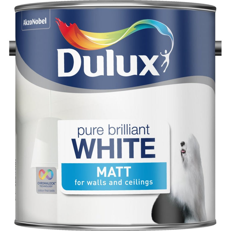 Dulux Walls & Ceilings Matt Emulsion Paint Pure Brilliant White 2.5L – Product Image | Decor Express, Clapham & Richmond, London