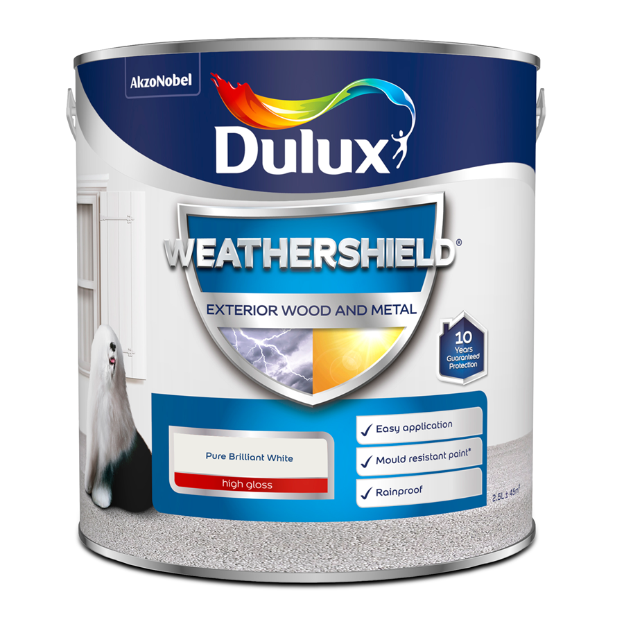 Dulux Weathershield exterior wood and metal paint can on a white background