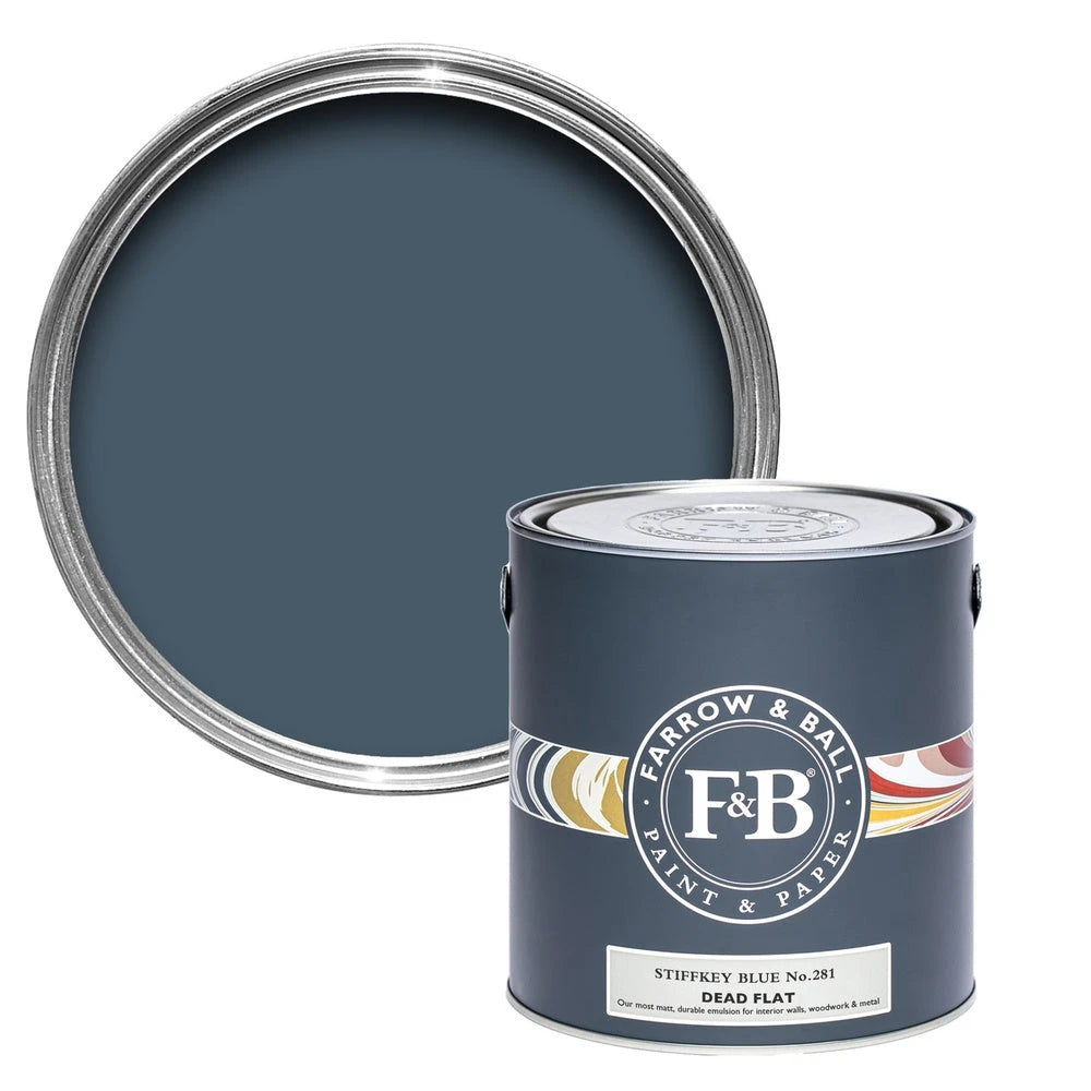 Farrow & Ball Exterior Eggshell STIFFKEY BLUE 281 2.5L | OUTLET paint tin and colour swatch