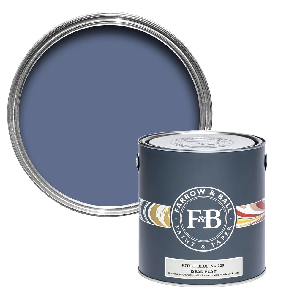 Farrow & Ball Pitch Blue 220 paint tin and colour swatch