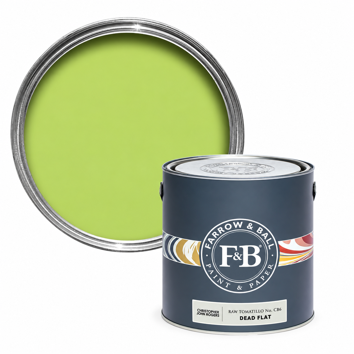 Farrow & Ball Raw Tomatillo CB6 Carte Blanche paint tin and colour swatch